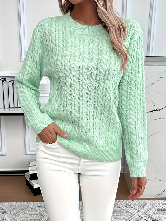 Cable Knit Crew Neck Sweater, Casual Solid Color Long Sleeve Sweater For Fall & Winter, Women's Clothing MyFave Boutique