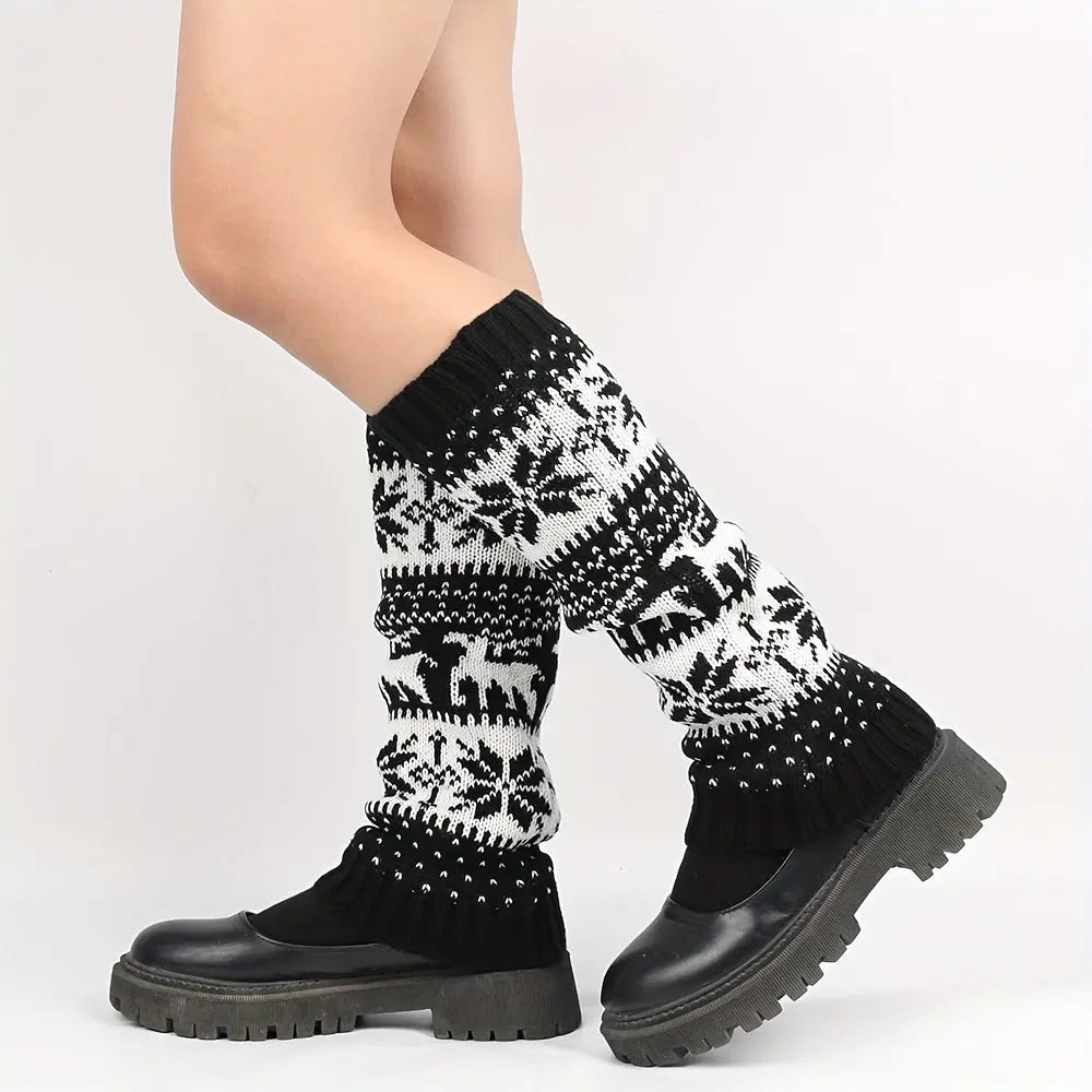 2 Pairs Deer & Snowflake Leg Warmers, Christmas Ethnic Style Knitted Boot Socks For Fall & Winter, Women's Stockings & Hosiery MyFave Boutique