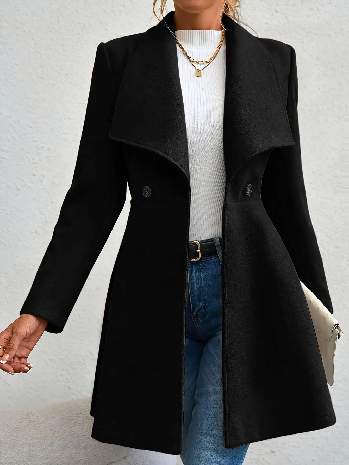 Double-breasted A-line Lapel Coat, Elegant Solid Long Sleeve Longline Coat For Fall & Winter, Women's Clothing MyFave Boutique