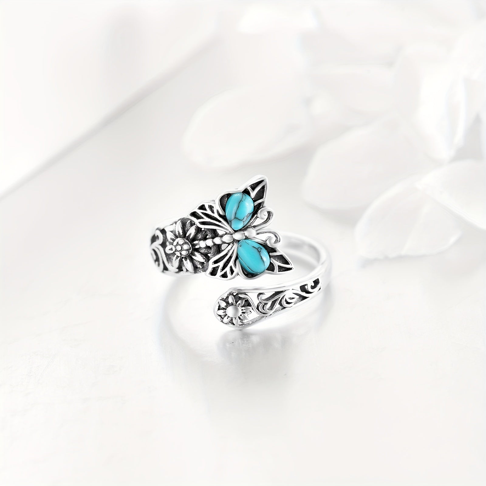 925 Sterling Silver Turquoise Butterfly Spoon Ring Vintage Thumb Rings Boho Adjustable Open Ring Butterfly Jewelry Gifts For Women MyFave Boutique