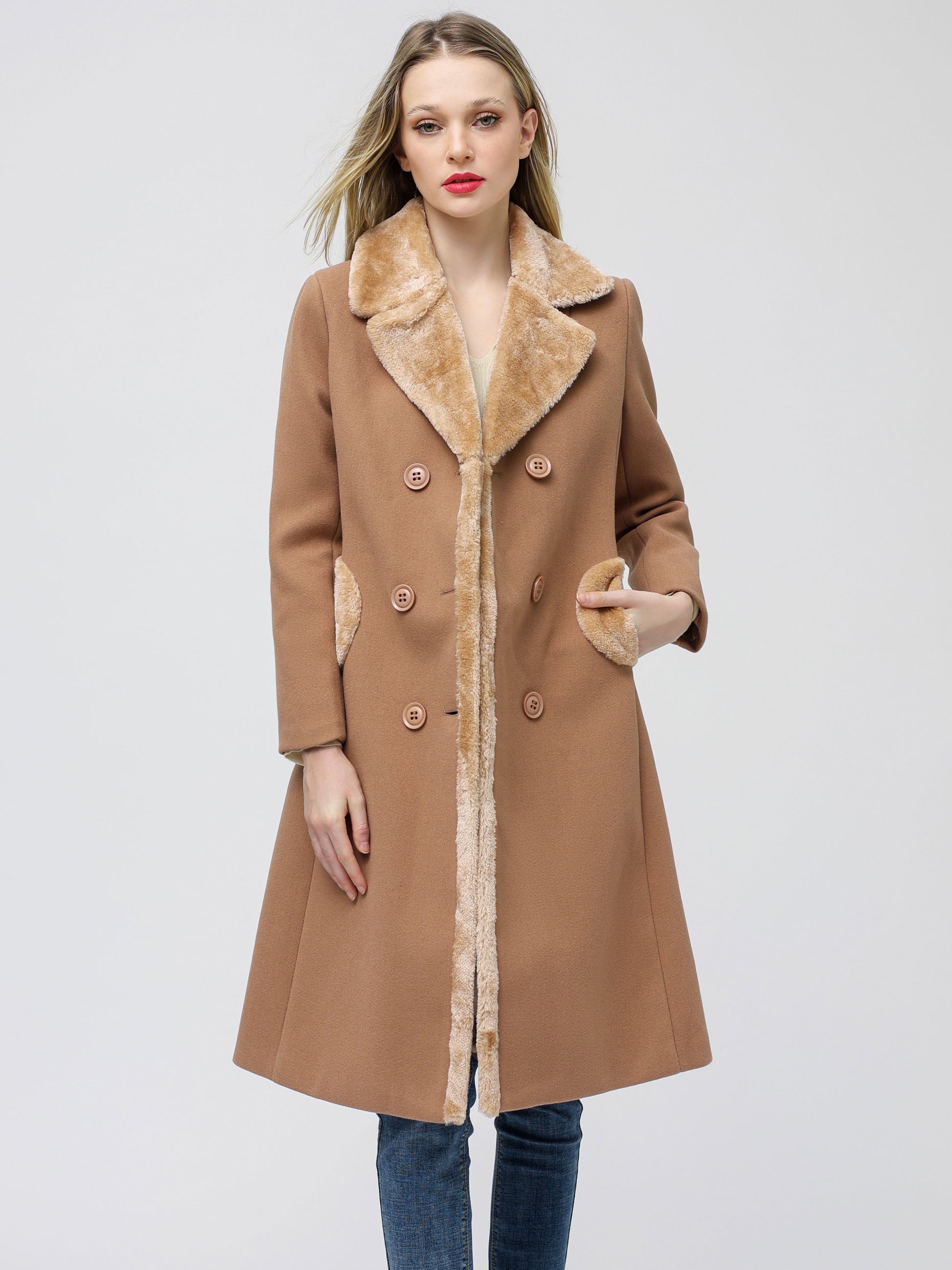 Women's Big Notch Lapel Double Breasted Mid-Long 5% Wool Blend Coat Jackets MyFave Boutique