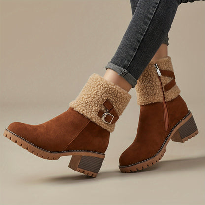 Women's Chunky Heel Short Boots, Casual Side Zipper Plush Lined Boots, Comfortable Winter Ankle Boots MyFave Boutique