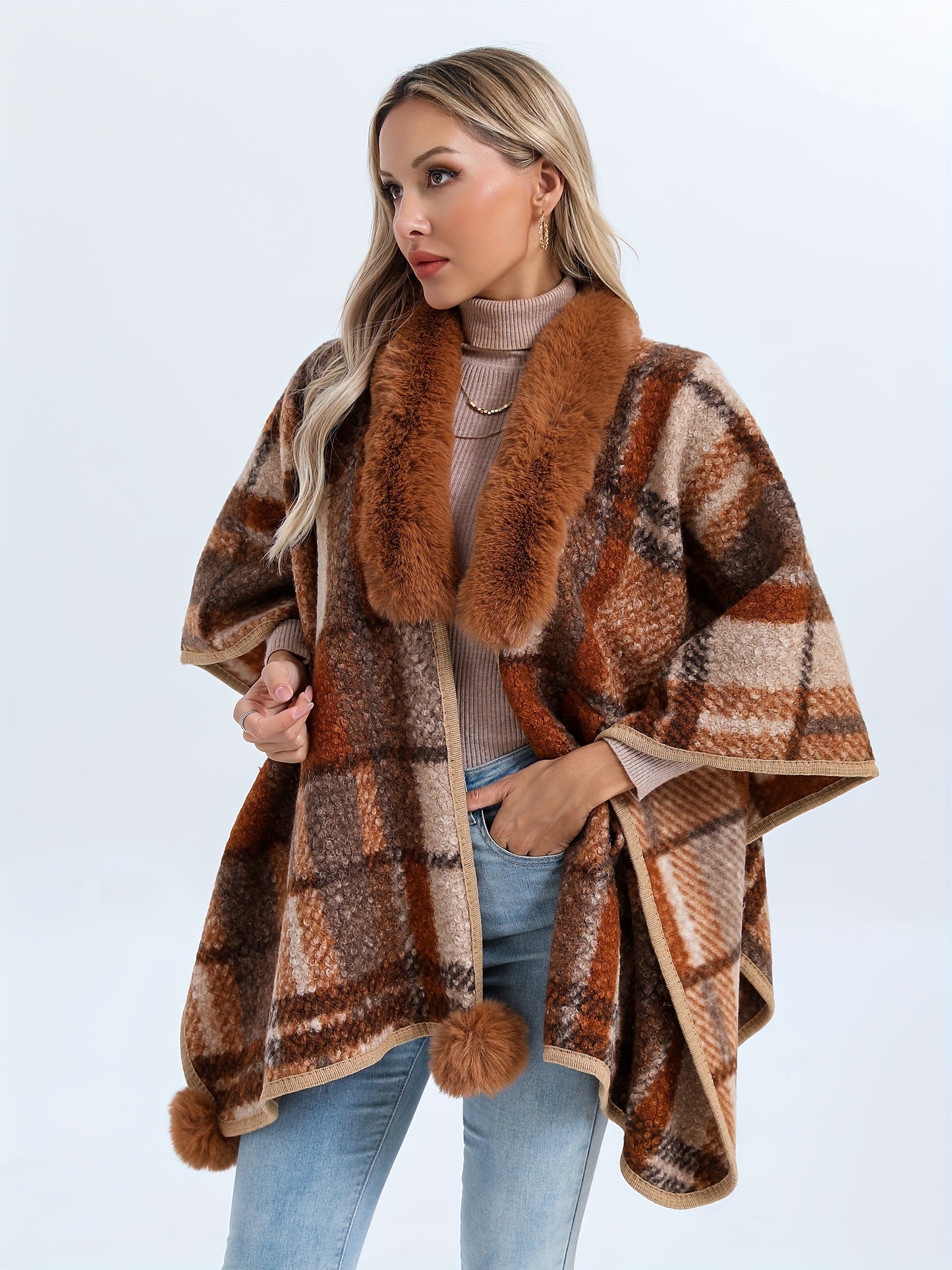 Plaid Pattern Batwing Sleeve Gathered Cape, Elegant Open Front Fuzzy Trim Pom Hem Cardigan For Fall & Winter, Women's Clothing MyFave Boutique