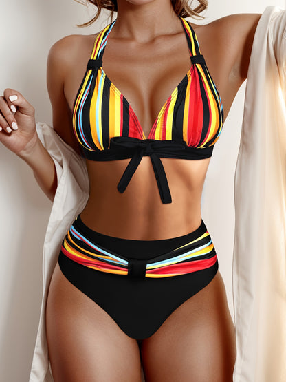 2 piece Women's Striped Halter Bikini Set - Backless High Cut Swimsuits for Fashionable Beachwear MyFave Boutique