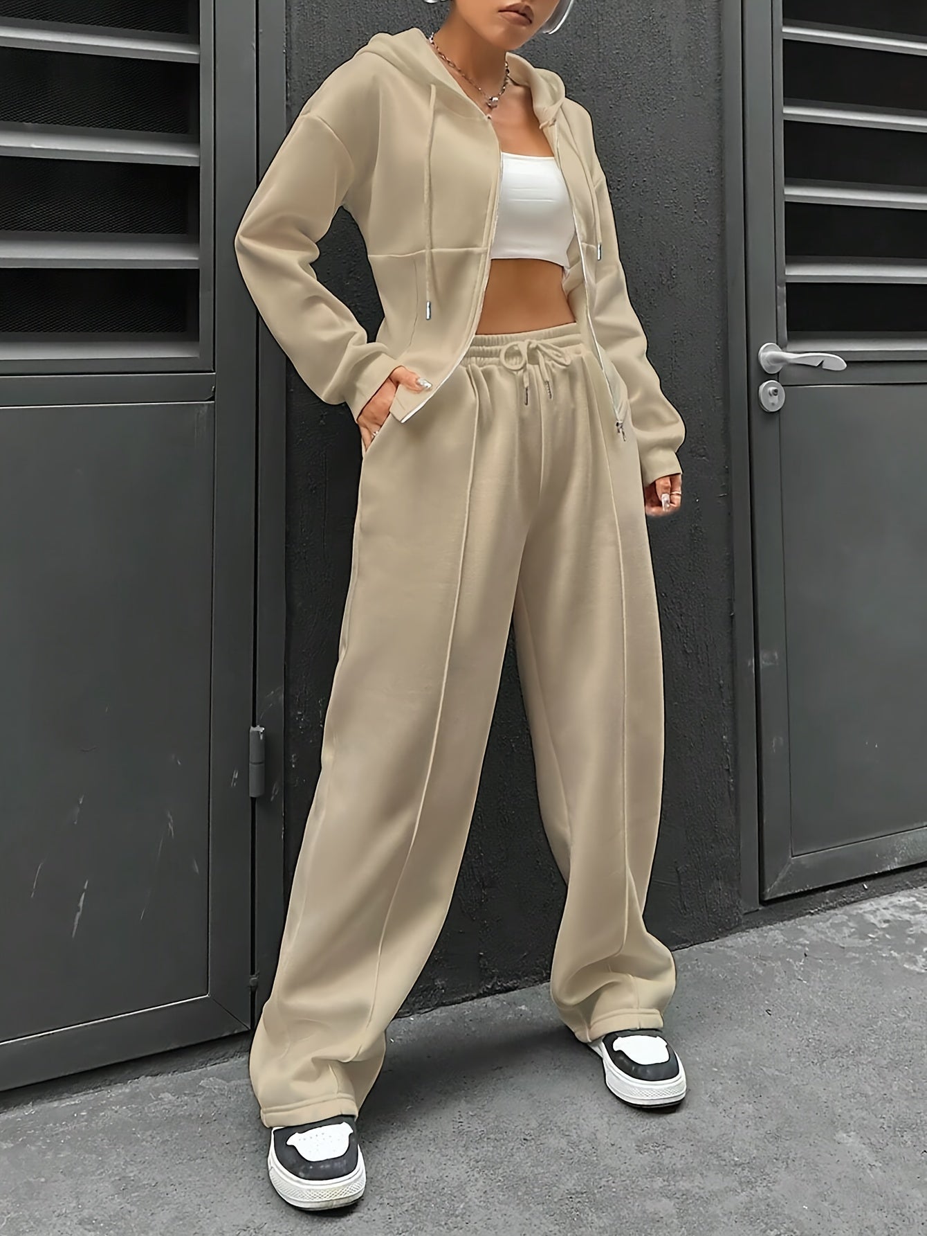 Elegant Polyester Knit Hooded Pantsuit with Drawstring - Solid Color Two-Piece Set for Spring/Fall MyFave Boutique