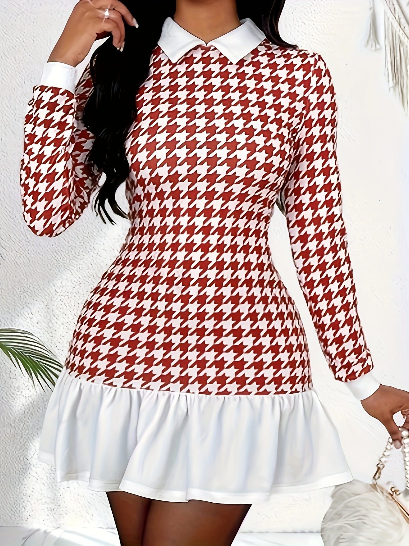 Elegant Houndstooth Print Dress with Contrasting Collar and Ruffled Hem, Polyester Knit Fabric, Long Sleeve, Fit and Flare Style for Spring/Summer/Fall - Adult Women's Polyester Blend (95% Polyester, 5% Elastane) MyFave Boutique