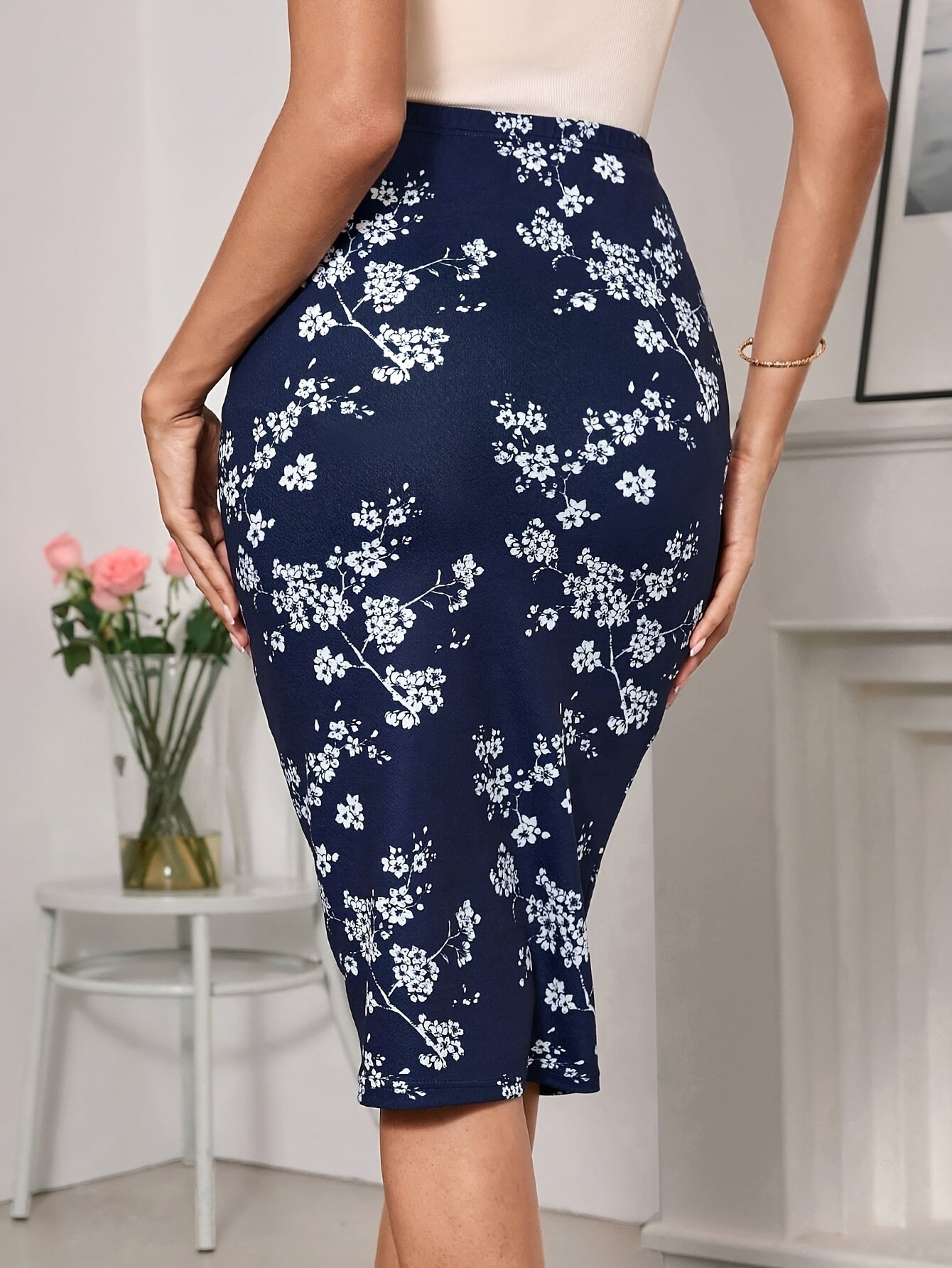 Floral Print Bodycon Skirt, Elegant High Waist Knee Length Skirt For Spring & Summer, Women's Clothing MyFave Boutique