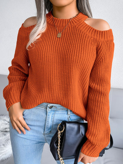 Women's Long Sleeve Cold Shoulder Knit Sweater, Solid Crew Neck Casual Sweater for Fall Winter MyFave Boutique