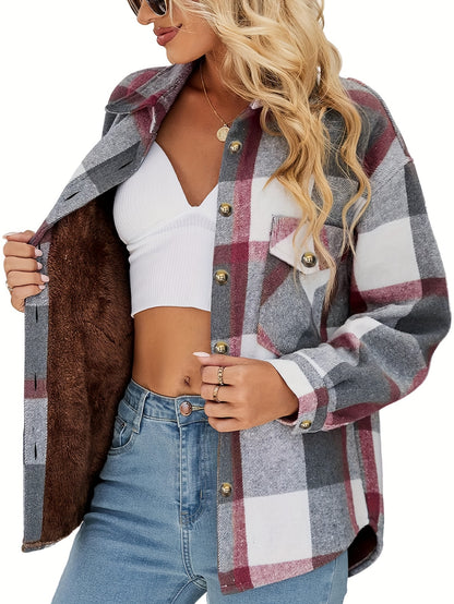 Plaid Print Button Front Jacket, Casual Lapel Neck Flap Pockets Long Sleeve Jacket For Winter & Fall, Women's Clothing MyFave Boutique