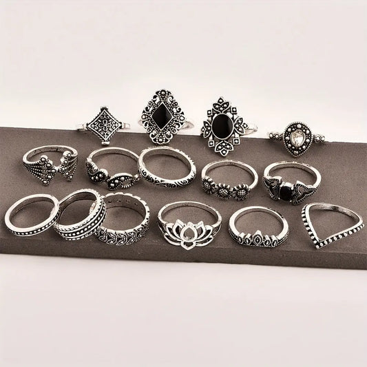 15-piece women's hollowed-out lotus knuckle ring, crown set with Drops, Didi vintage overlapping ring MyFave Boutique