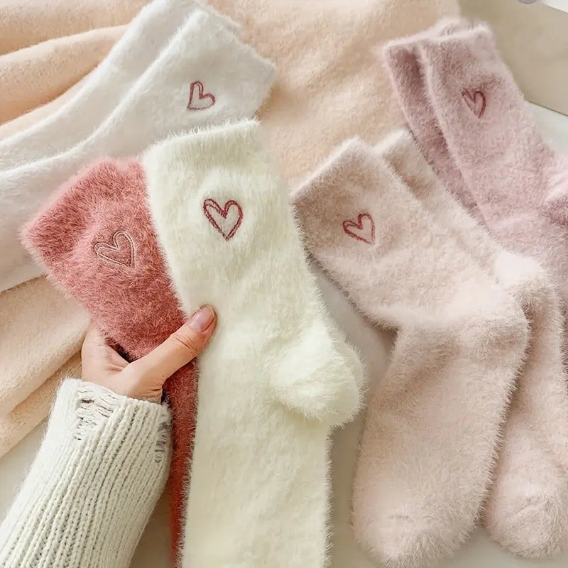 5 Pairs Heart Embroidery Socks, Cute & Warm Fluffy Thick Floor Mid Tube Socks For Fall & Winter, Women's Stockings & Hosiery MyFave Boutique