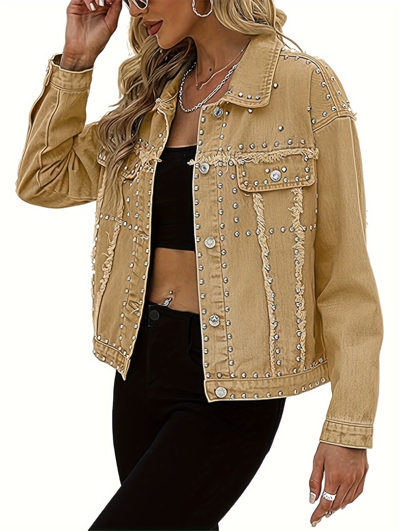 Women's Long Sleeve Rivet Studded Denim Jacket Casual Solid Color Raw Detail Jean Coat MyFave Boutique