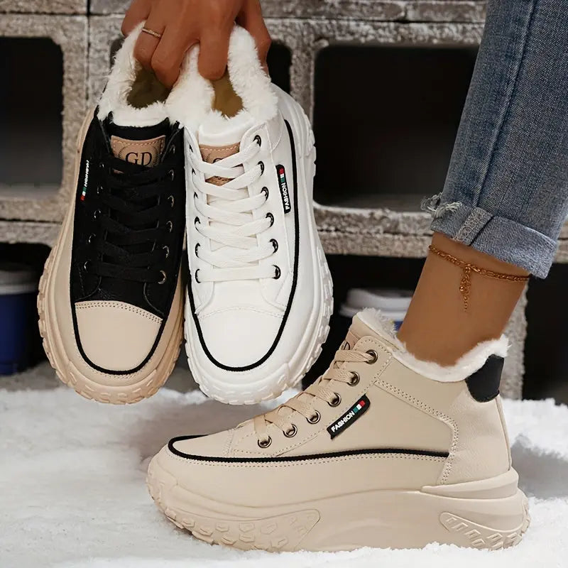 Women's Solid Color Fluffy Sneakers, Lace Up Platform Soft Sole Warm Thermal Lining Shoes, Winter Non-slip Snow Canvas Shoes MyFave Boutique