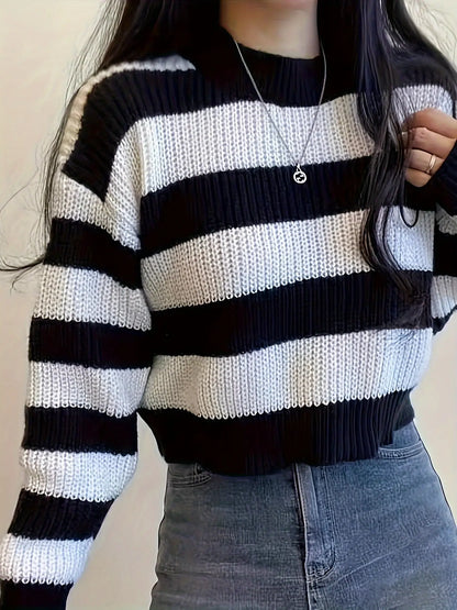 Stripe Pattern Crew Neck Sweater, Casual Long Sleeve Sweater For Fall & Winter, Women's Clothing MyFave Boutique