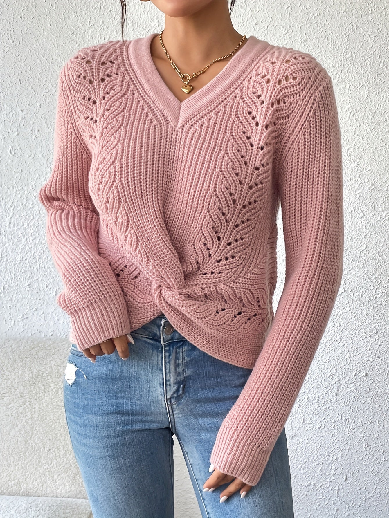 Elegant V-Neck Twist Sweater for Women - Cozy Acrylic Knit, Long Sleeve, Perfect for Fall/Winter MyFave Boutique