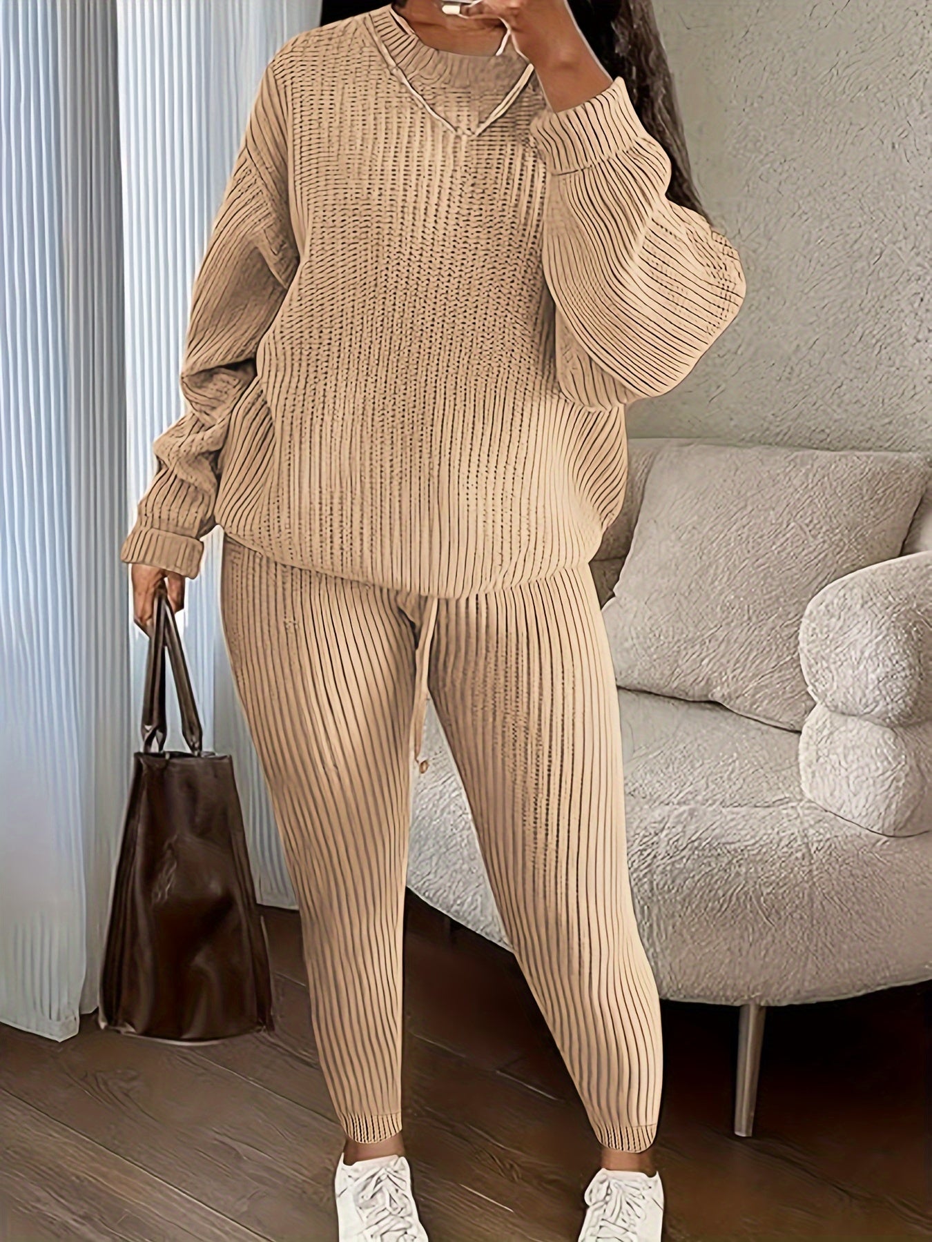 Solid Color Ribbed Knitted Matching Two-piece Set, Casual Crew Neck Long Sleeve Sweater & Drawstring Waist Pants Outfits, Women's Clothing MyFave Boutique