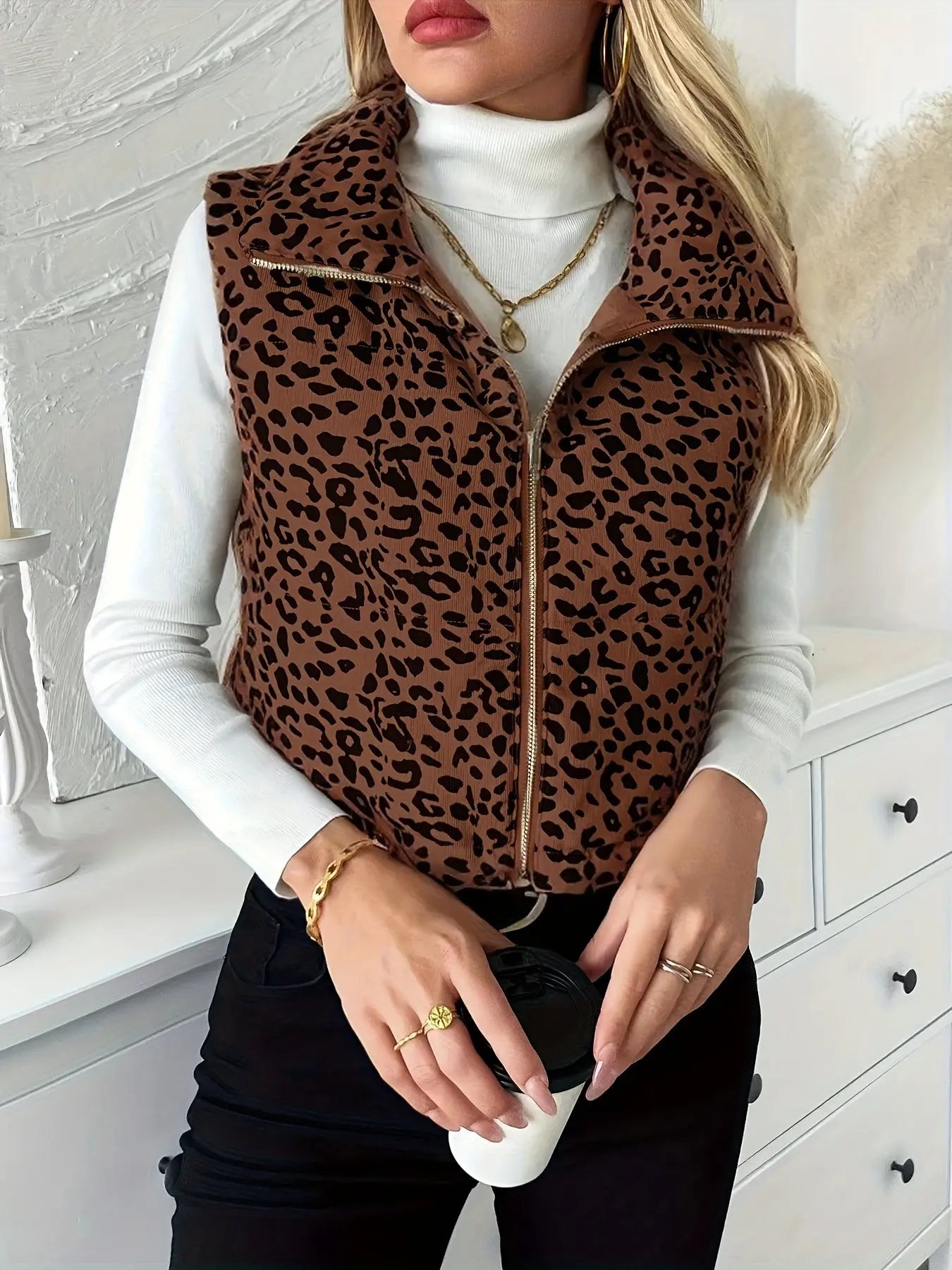 Autumn And Winter Polyester Coat With Leopard Print, Stand Collar, Zipper Closure, Casual Outerwear For Women MyFave Boutique