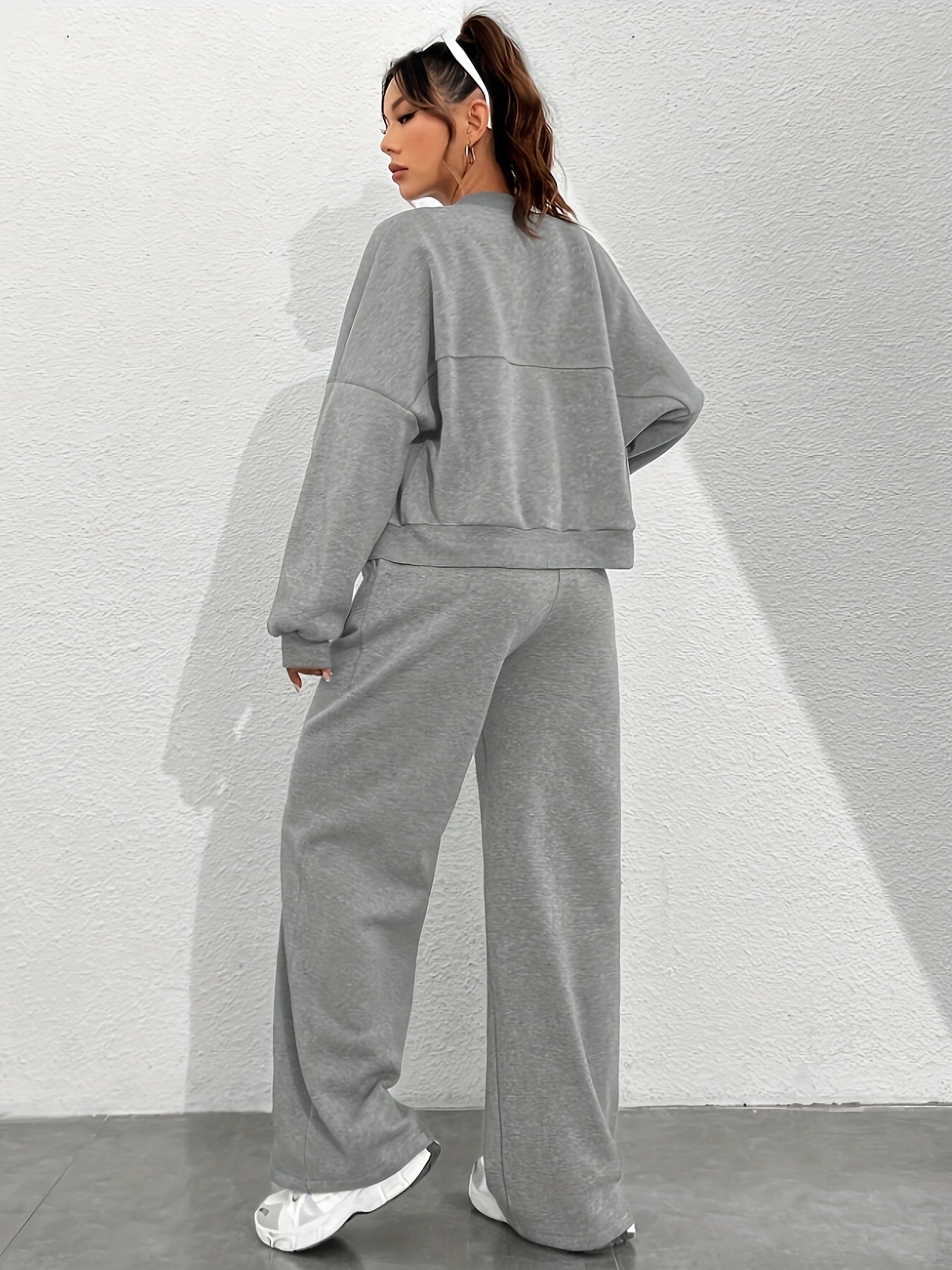 2 Pcs Jacket & Sweatpants Set, Long Sleeve Zip-up Drop Shoulder Jacket & Drawstring Straight Leg Sweatpants, Women's Clothing MyFave Boutique