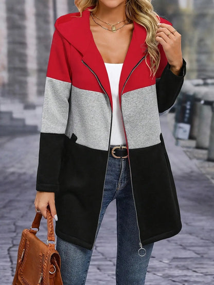 Women's Casual Long Sleeve Color Block Hooded Sweatshirt with Zipper - Fall/Winter Polyester Knit Hoodie with Stretch (Polyester 95%, Elastane 5%) MyFave Boutique