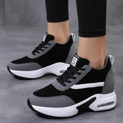 Women's Height-Boosting Lace-Up Sneakers with Air Cushioning and Pu Upper MyFave Boutique