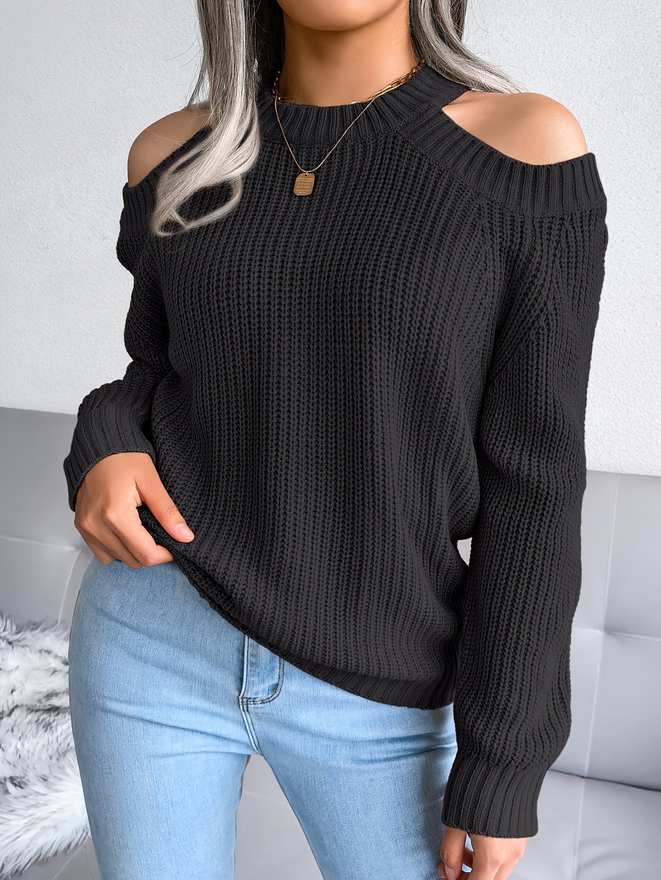 Women's Long Sleeve Cold Shoulder Knit Sweater, Solid Crew Neck Casual Sweater for Fall Winter MyFave Boutique