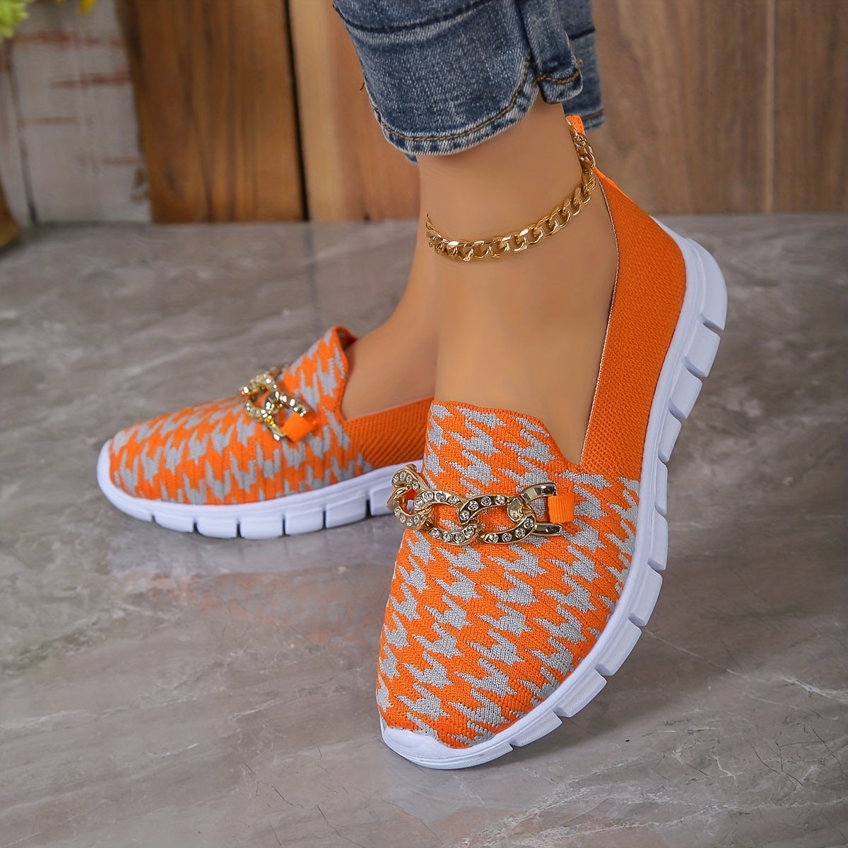 Women's Houndstooth Sock Shoes, Chain Decor Knitted Low Top Slip On Sneakers, Casual Breathable Walking Shoes MyFave Boutique