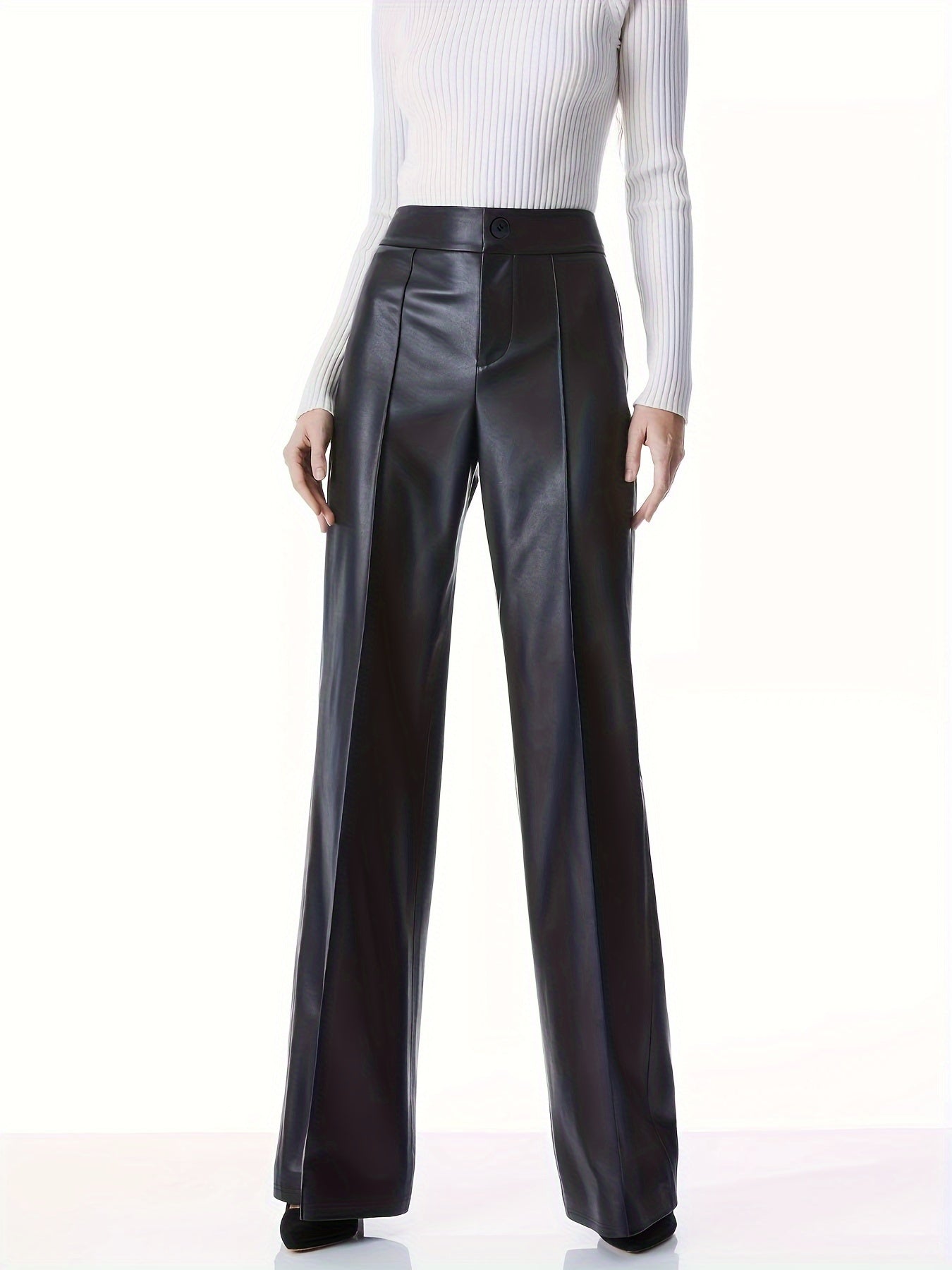 Faux Leather High Waist Pants, Vintage Flare Leg Pants, Women's Clothing MyFave Boutique