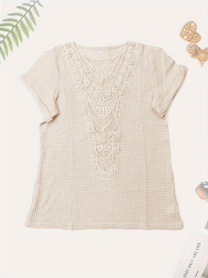 Lace Patchwork Crew Collar T-shirt, Casual Short-sleeved Top Spring/Summer, Women's Wear MyFave Boutique