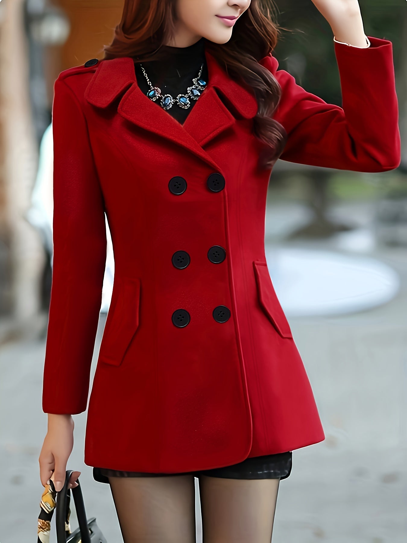 Double-breasted Lapel Peacoat, Elegant Solid Long Sleeve Slant Pockets Longline Tunic Coat For Fall & Winter, Women's Clothing MyFave Boutique