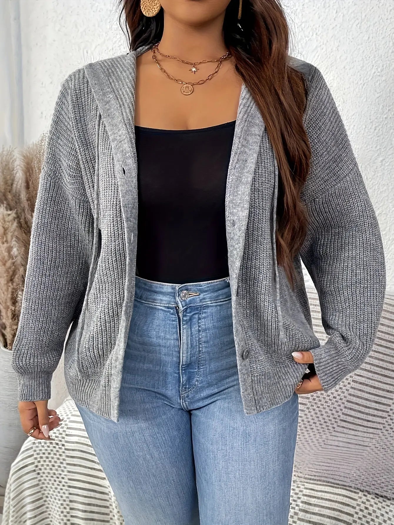 Plus Size Hooded Knitted Cardigan, Casual Button Front Long Sleeve Cardigan For Fall & Winter, Women's Plus Size Clothing MyFave Boutique