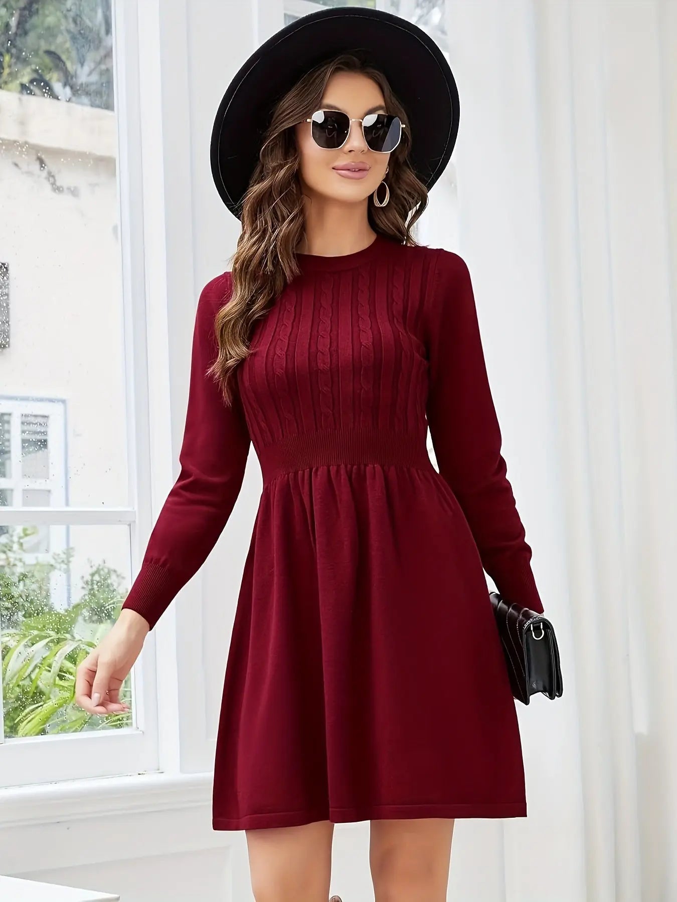 Solid Color Cable Knit Sweater Dress, Elegant Long Sleeve A Line Dress For Spring & Fall, Women's Clothing MyFave Boutique