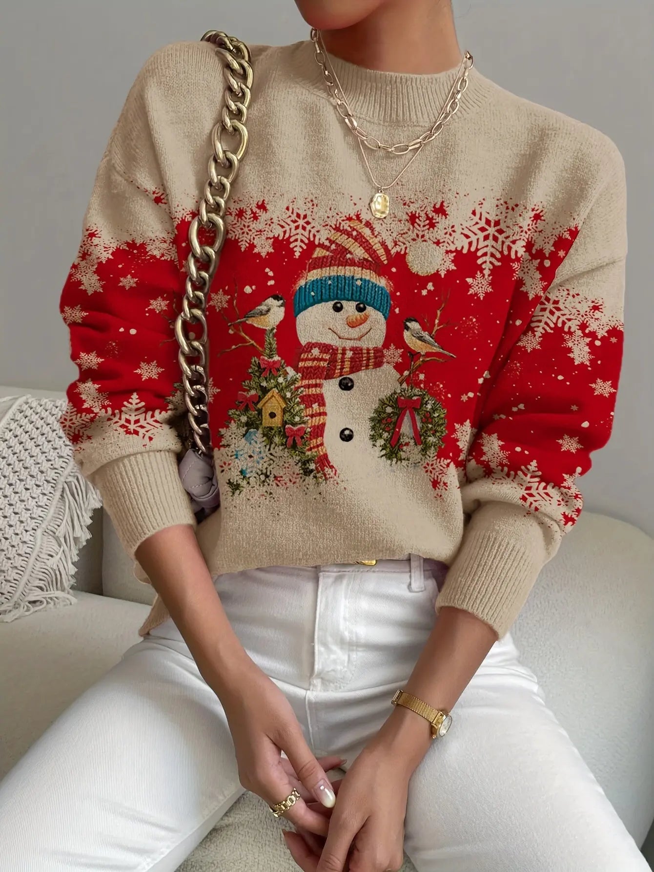 Snowman Pattern Crew Neck Sweater, Casual Long Sleeve Sweater For Fall & Winter, Women's Clothing MyFave Boutique