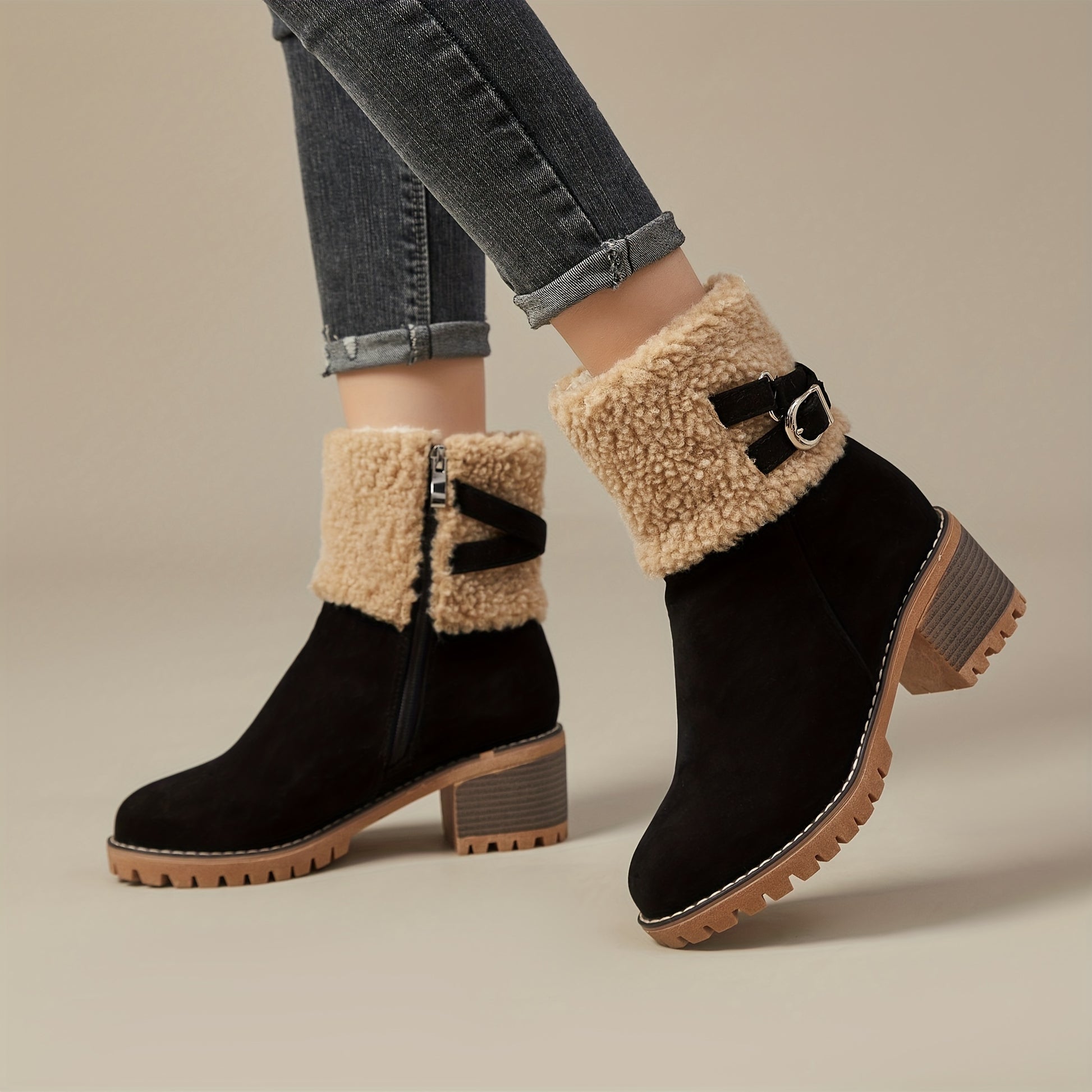 Women's Chunky Heel Short Boots, Casual Side Zipper Plush Lined Boots, Comfortable Winter Ankle Boots MyFave Boutique