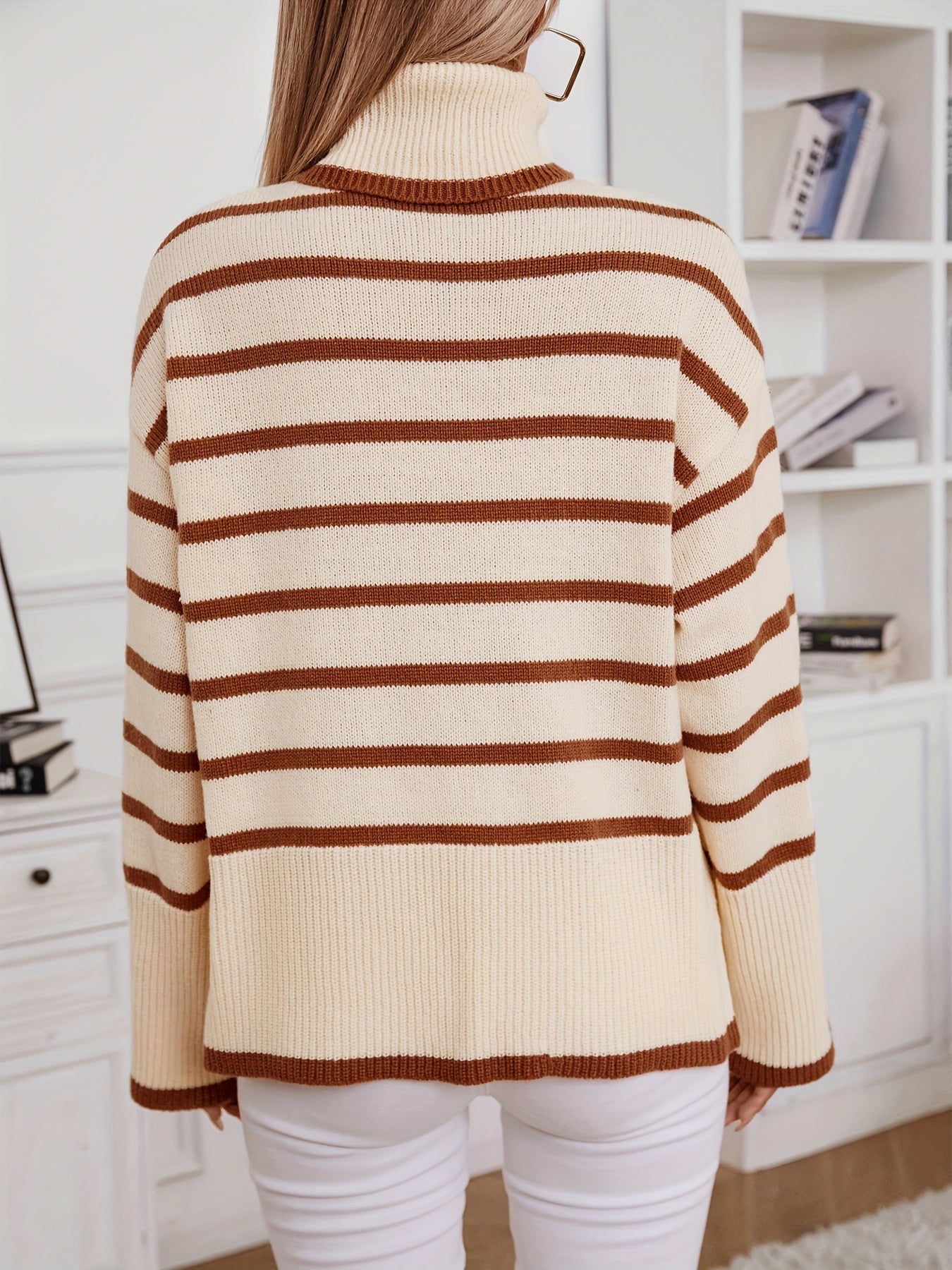 Chic Color Block Striped Turtleneck Sweater for Women - Casual Long Sleeve Knit Top, Perfect for Fall/Winter MyFave Boutique