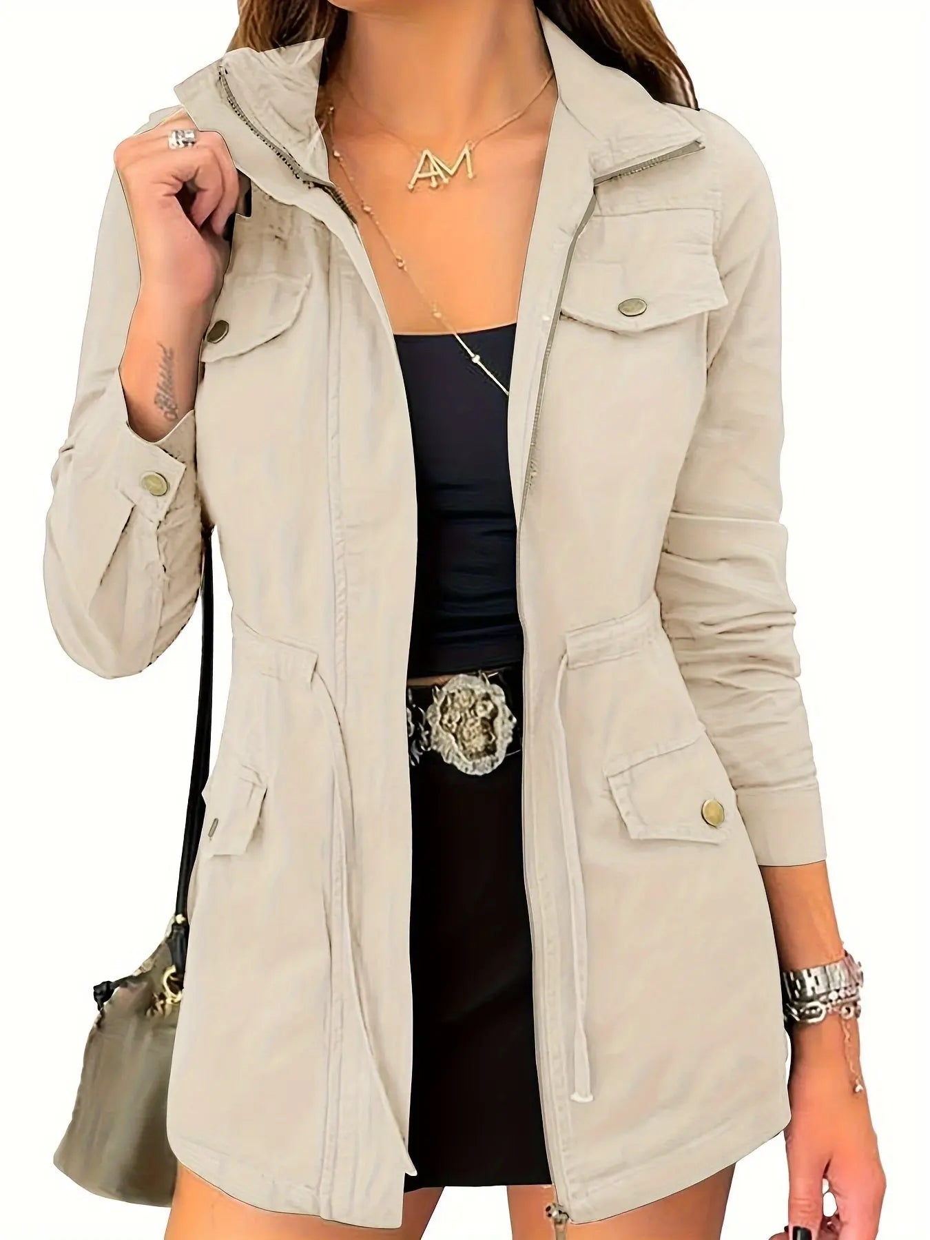 Women's Lightweight Military Jacket with Zip-Up, Drawstring, and Pockets MyFave Boutique