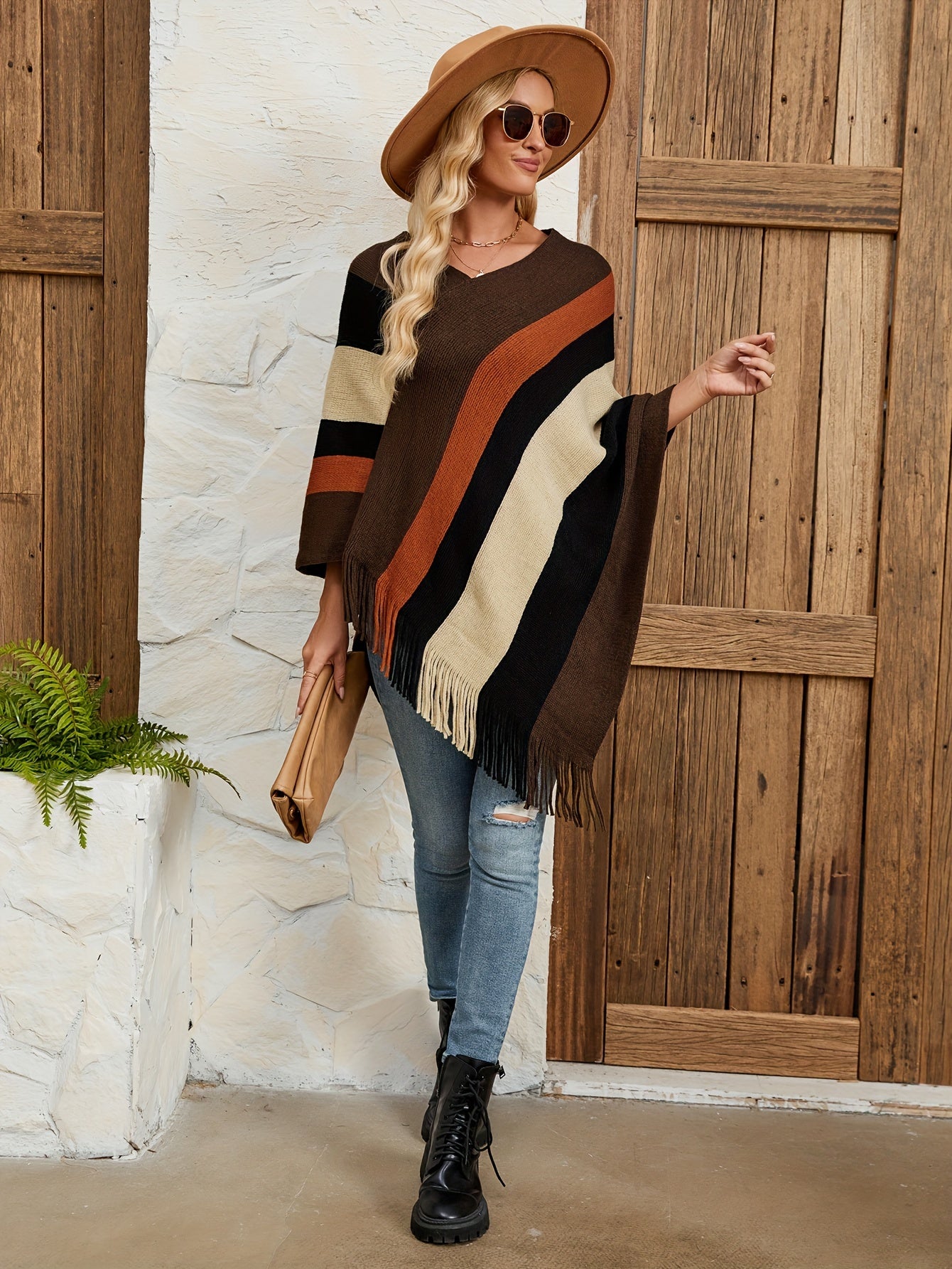 Striped Pattern Fringe Hem Poncho Sweater, Elegant Batwing Sleeve Knitted Top For Spring & Fall, Women's Clothing MyFave Boutique