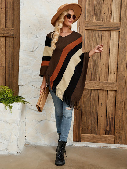 Striped Pattern Fringe Hem Poncho Sweater, Elegant Batwing Sleeve Knitted Top For Spring & Fall, Women's Clothing MyFave Boutique