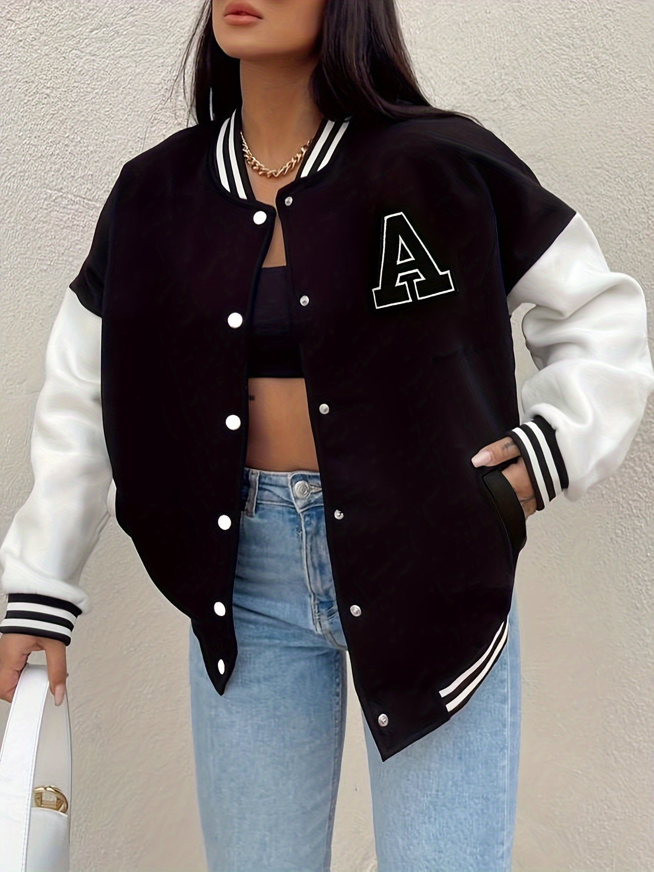 Women's Color Block Letter Print Bomber Jacket - Casual Crop Jacket with Button Front Pockets MyFave Boutique