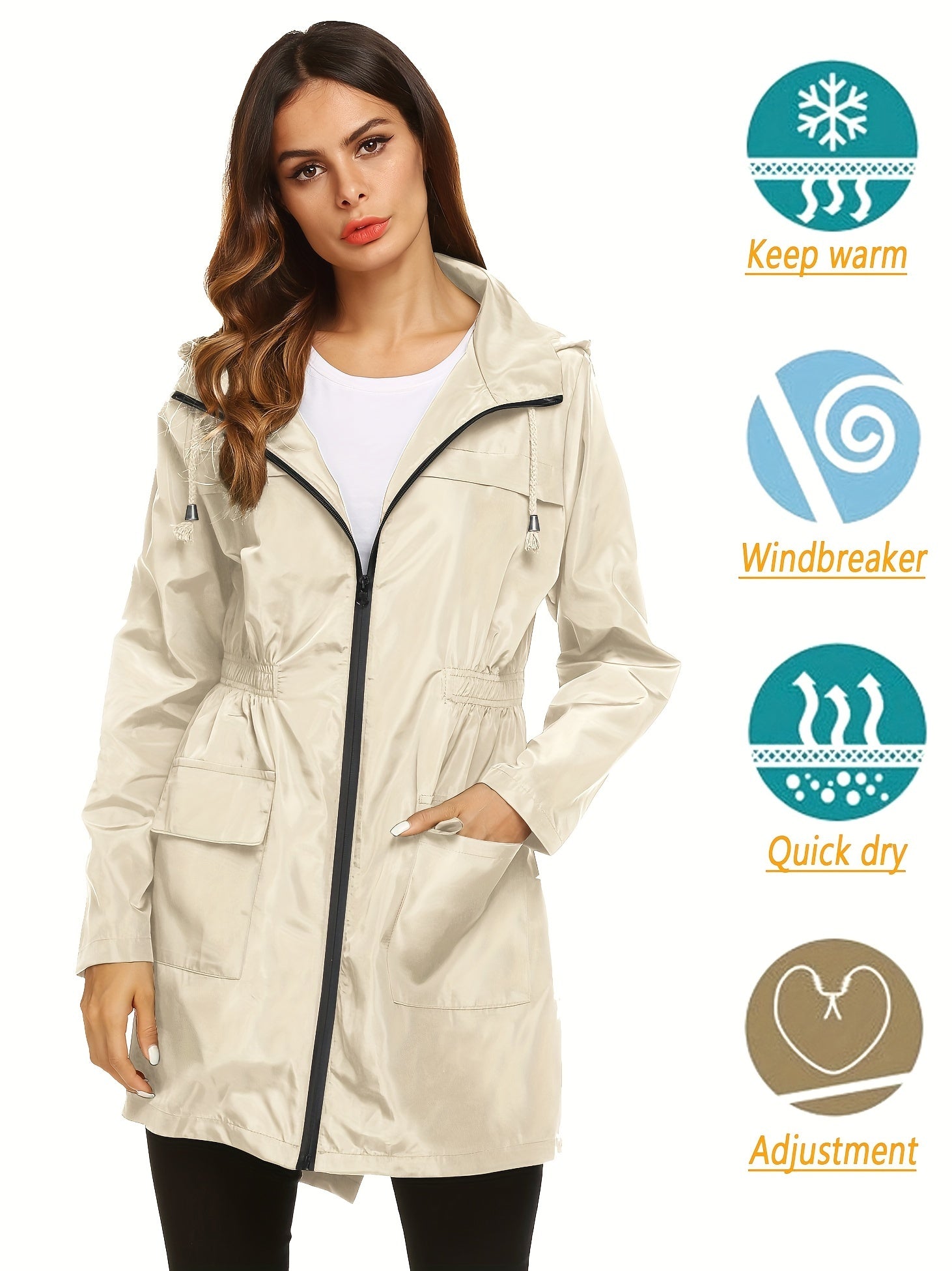 Solid Drawstring Zipper Front Raincoat, Casual Flap Pockets Split Elastic Waist Long Sleeve Hooded Lightweight Raincoat For Spring & Fall, Women's Clothing MyFave Boutique