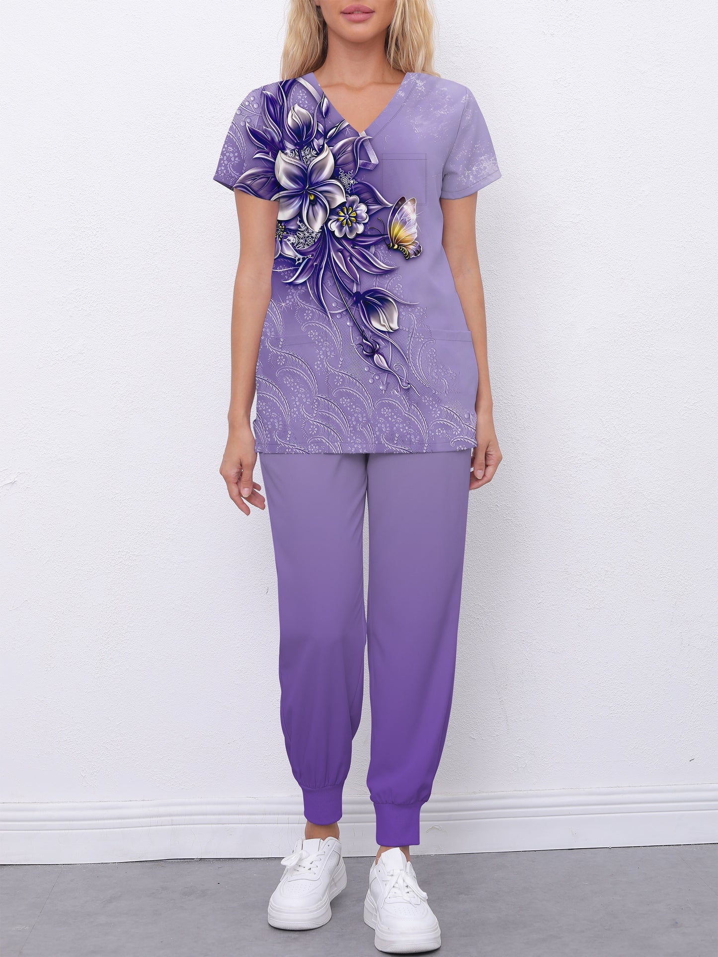 Floral Print Healthcare Uniform Set for Women: Casual V-Neck Top & Fitted Pants with Dual Pockets MyFave Boutique