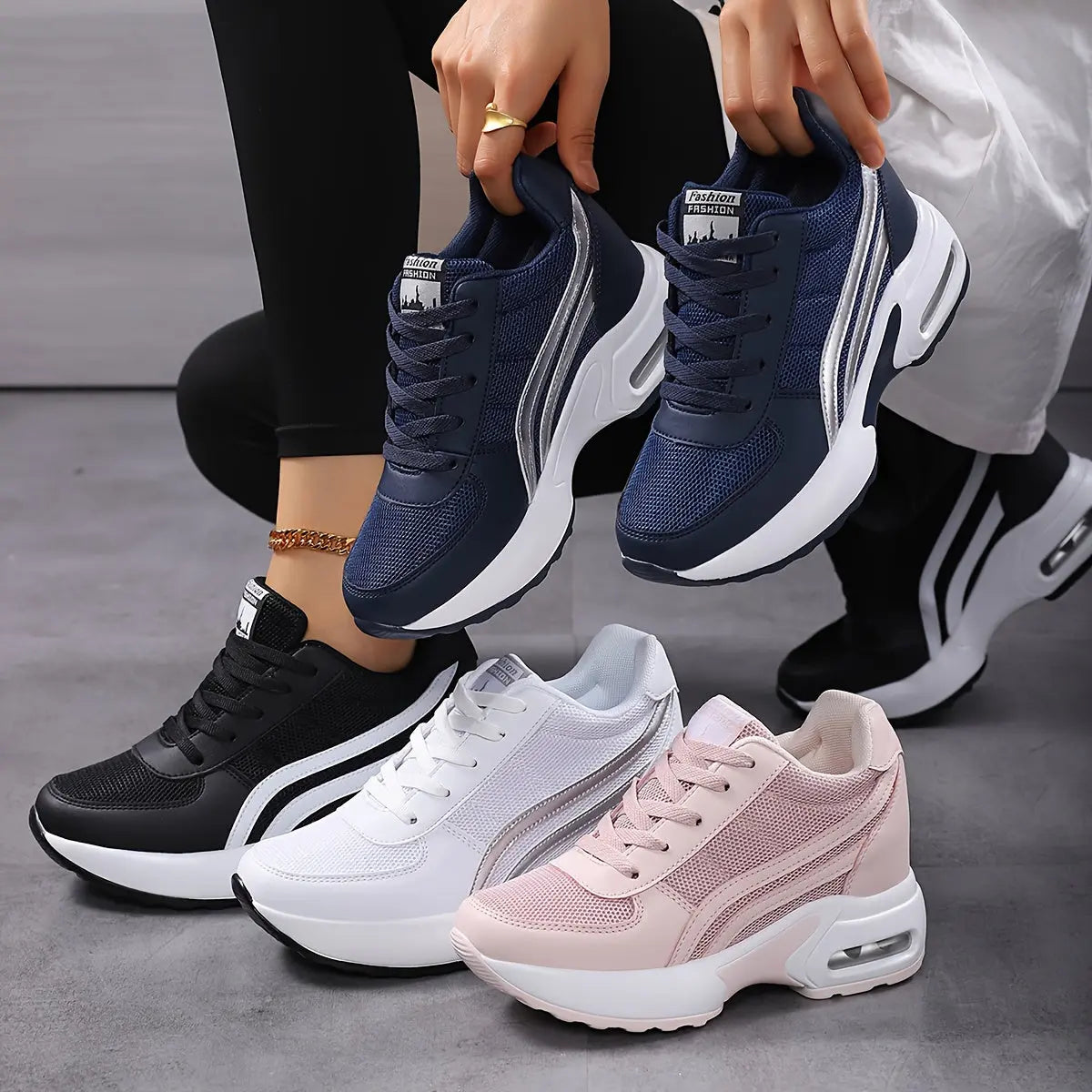 Women's Breathable Mesh Sneakers - Casual Lace-Up, Height-Boosting Platform Shoes with Air Cushion Comfort for All Seasons MyFave Boutique