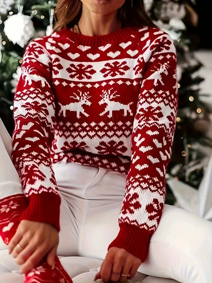 Elegant Red Reindeer & Snowflake Crew Neck Sweater - Cozy Thick Knit Pullover for Women, Perfect for Christmas MyFave Boutique