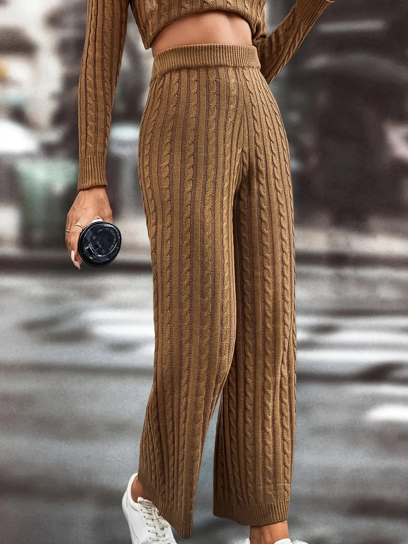 Elegant Cable Knit Pantsuits, Mock Neck Long Sleeve Split Pullover Sweater & High Waist Wide Leg Pants Outfits, Women's Clothing MyFave Boutique