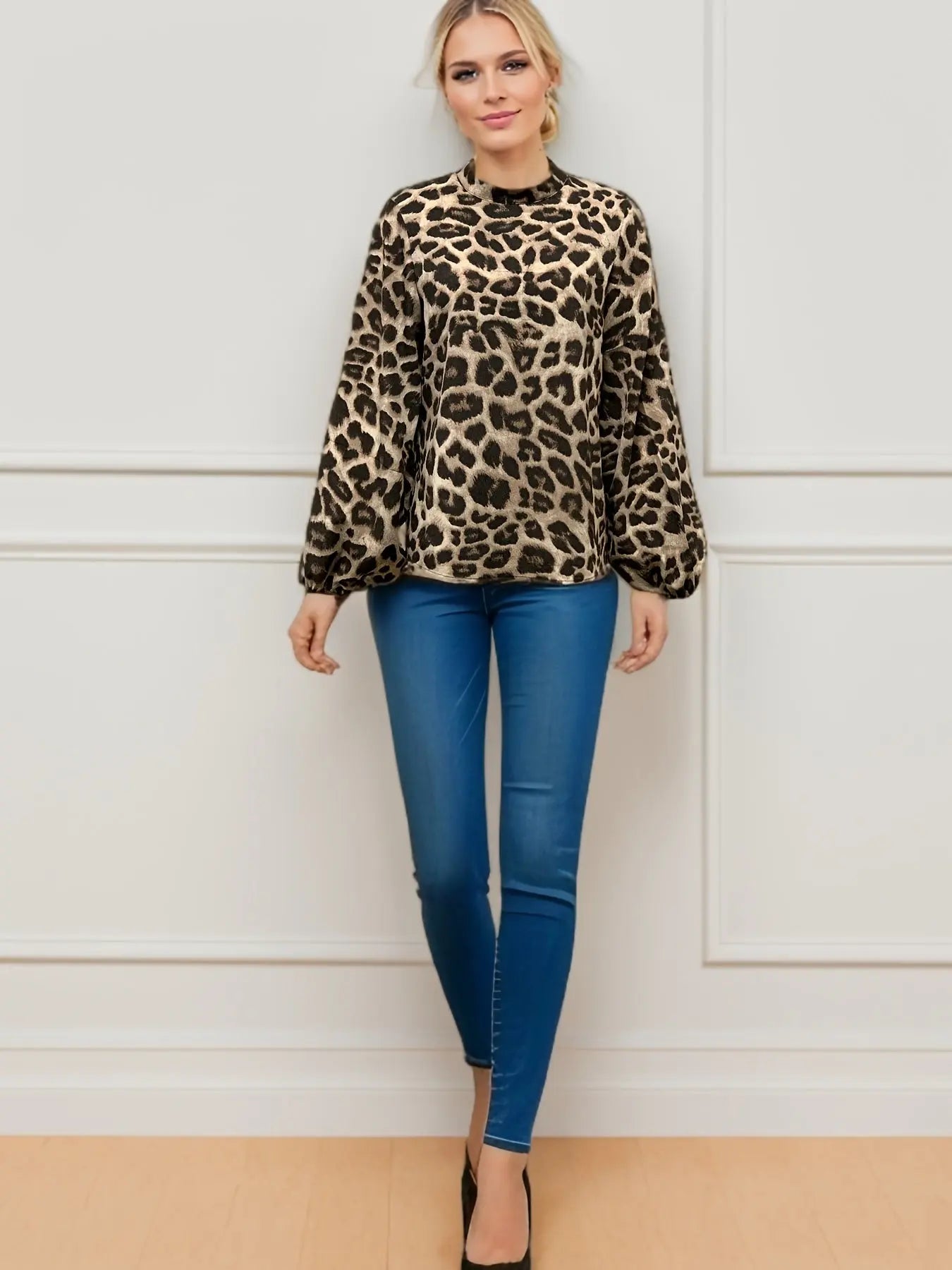 Leopard Print Mock Neck Blouse, Casual Long Sleeve Blouse For Spring & Fall, Women's Clothing MyFave Boutique