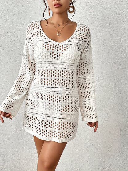 Solid Color Knitted Cover Up Dress, V Neck Long Sleeves Hollow Out Beach Dress, Women's Swimwear MyFave Boutique