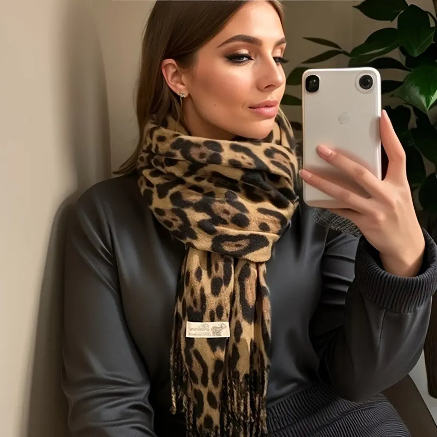 Chic Vintage Leopard Print Tassel Scarf for Women - Thick, Warm & Windproof Shawl for Fall/Winter, Fashionable Y2K-Inspired Design MyFave Boutique