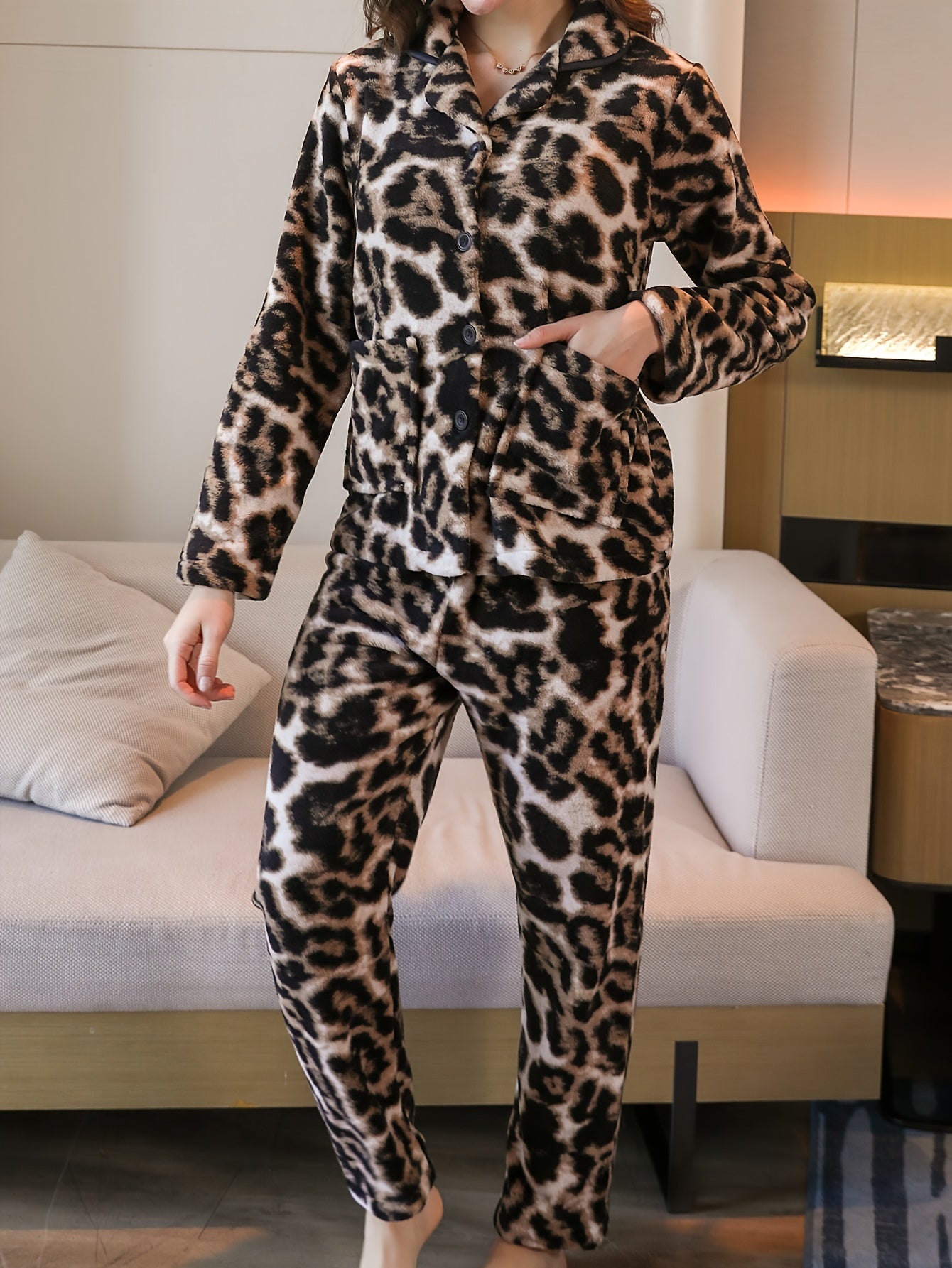 Women's Mature Leopard Print Fleece Thick Pajama Set, Long Sleeve Buttons Lapel Top & Pants, Comfortable Relaxed Fit For Fall & Winter MyFave Boutique