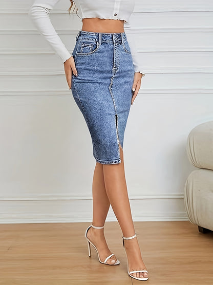 Women's High Waist Midi Denim Skirt Front Split Casual Stretch Knee Length Mid Jean Skirt For Womens. MyFave Boutique