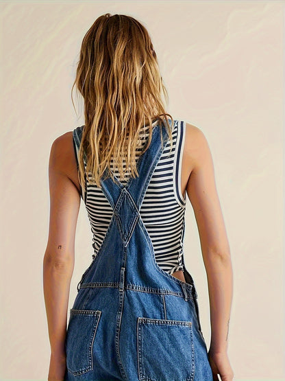 Women's Fashion Denim Overalls, Casual Style, Non-Stretch, Relaxed Fit - Classic Blue Jean Jumpsuit Dungarees With Pockets For Fall MyFave Boutique