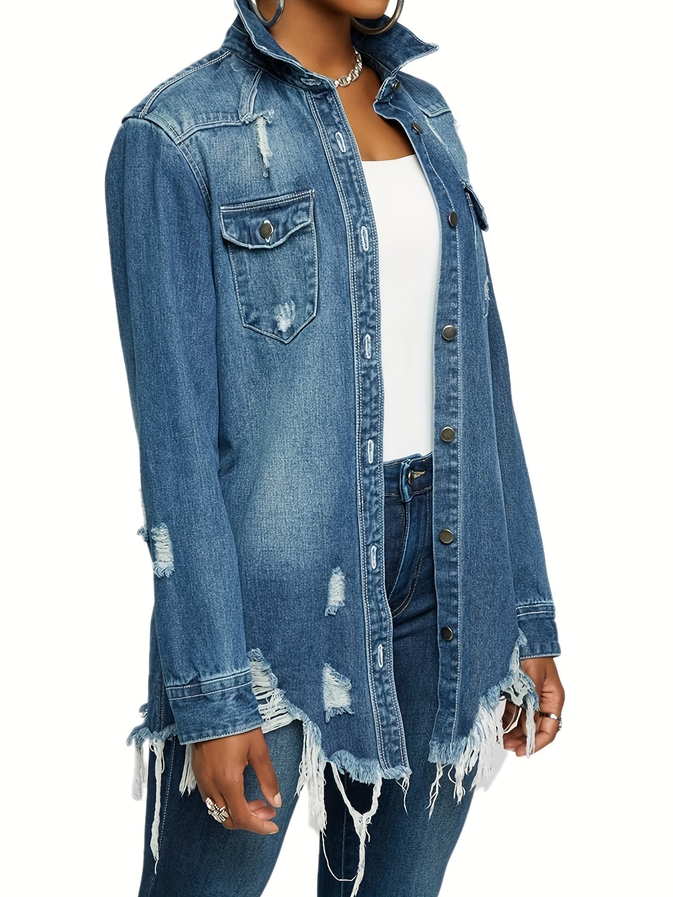 Women's Casual Distressed Denim Jacket, Slim Fit Long Sleeve Jean With Frayed Hem – Stylish Chic Outerwear MyFave Boutique